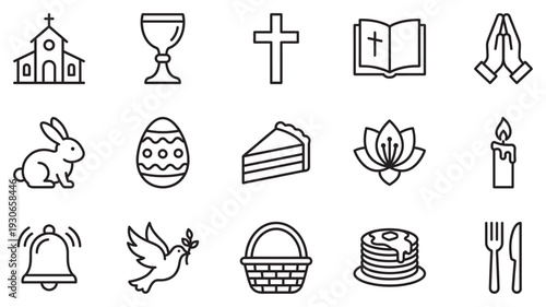 Easter and religious celebration icons set features a collection of outline symbols representing faith, spring, and festive traditions.