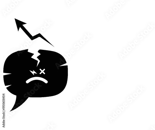 Crushed speech bubble with sad eyes and a zig-zag arrow pointing up