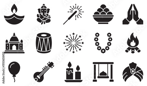 Indian festival icons and cultural symbols collection featuring traditional elements for celebrations and events.