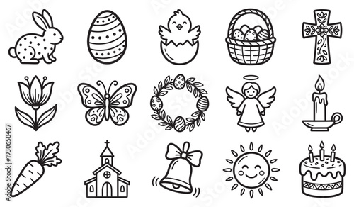 Easter spring celebration icons set featuring various religious and festive symbols in a charming doodle style.