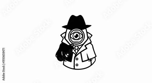 A graphic of a cartoon investigator with a magnifying glass and one eye
