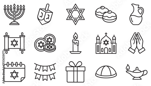 Jewish Hanukkah celebration holiday icons set in a simple line art style for religious events and traditions, perfect for festive designs.