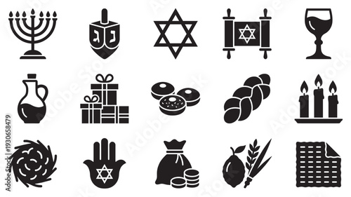 Jewish symbols and holiday icons collection representing various traditions and cultural elements in a simple silhouette style.