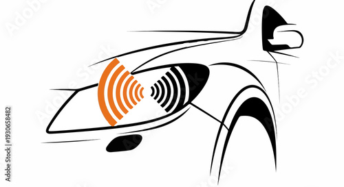 Stylized automotive headlamp with radiating sound waves in orange and black