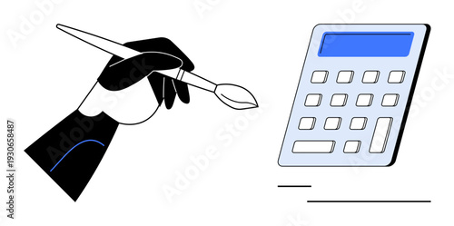 Artistic talent, financial planning, design budgeting, creative strategy, art business, skill management. A hand with a paintbrush beside a calculator. Artistic talent and financial planning concept