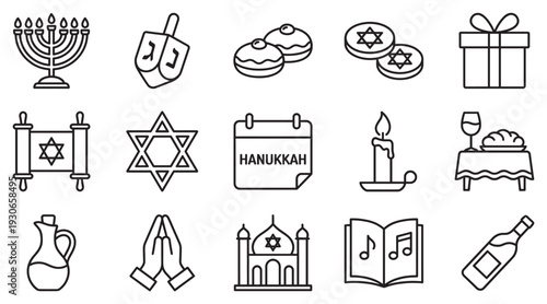 Hanukkah and Jewish holiday celebration symbols collection of line art vector icons representing traditional religious elements.