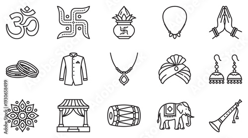 Indian wedding icons and Hindu religious symbols are presented as a collection of outline illustrations representing cultural traditions.