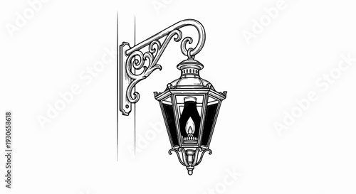 Ornate gas lamp with flame, mounted on a decorative bracket