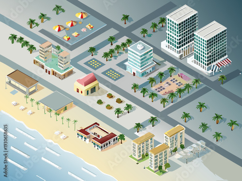 Isometric beach resort town with buildings palm trees and ocean view