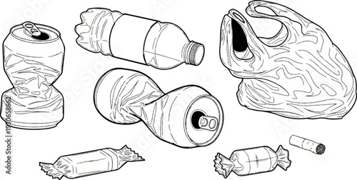 Crushed cans, a plastic bottle, a bag, candies, and a cigarette butt