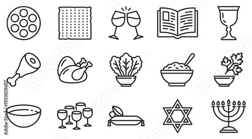 Passover Seder icons set featuring traditional religious symbols and food items for Jewish holiday celebration.