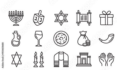 Jewish religious holiday symbols and traditions line art icons collection representing faith, culture, and celebrations.