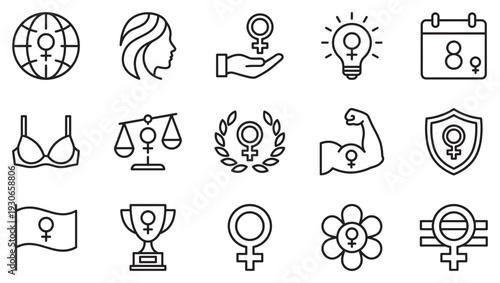Collection of female empowerment and gender equality line icons illustrating women's rights, strength, progress, and achievements for global recognition.