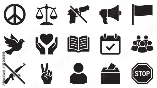 Social justice human rights peace protest icons collection illustrates various concepts of advocacy, equality, and global harmony.