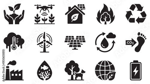 Environmental sustainability icons set representing ecological protection, renewable energy, and climate change solutions for a greener future and a healthier planet.