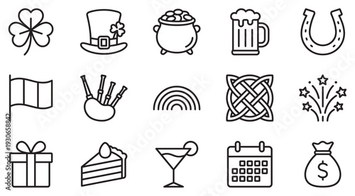 St. Patrick's Day celebration icons and Irish symbols are displayed in a festive collection of outline illustrations.