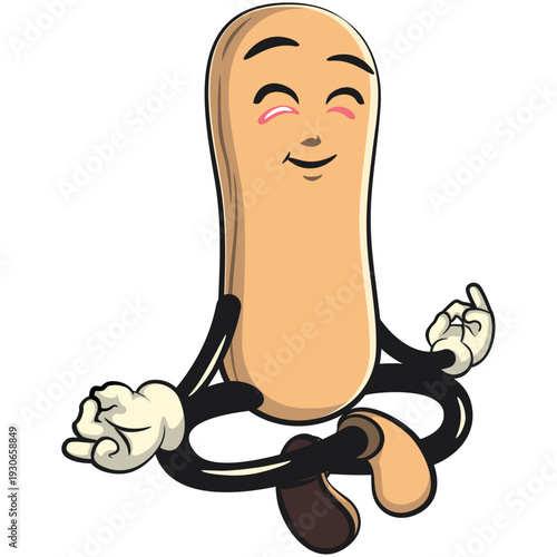 cute ladyfinger biscuit mascot character meditating, isolated vector illustration, work of hand drawn