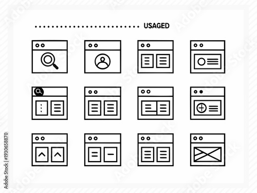 Collection of black and white linear interface icons for website usage