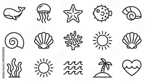 Sea life and beach themed outline icons collection featuring various marine animals and summer elements for creative projects.