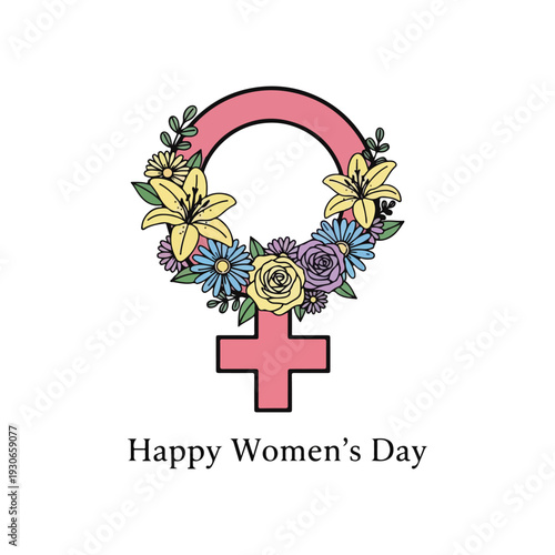 Empowering female gender symbol adorned with a vibrant floral wreath celebrating women worldwide Happy Womens Day message against clean white backdrop