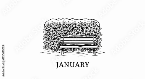 A winter scene shows a snow-dusted bench before a blooming flower bush, labeled "January