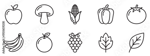 Various fruits and vegetables icons collection featuring common produce and natural elements in a simple outline style.