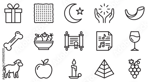 Religious and cultural symbols icons collection vector outline illustration representing various traditions and holidays.