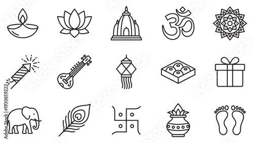 Indian festival celebration symbols and traditional cultural elements vector illustration set for various designs.