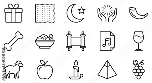 Religious and holiday symbols collection featuring diverse spiritual elements and traditional items representing faith and celebration.