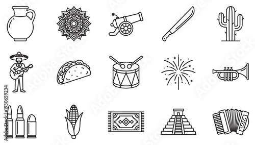 Collection of various traditional Mexican cultural celebration icons representing history, food, music, and festive elements.