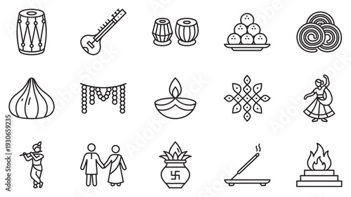 Indian festival and cultural icons collection featuring traditional instruments, sweets, rituals, and symbols in outline style.
