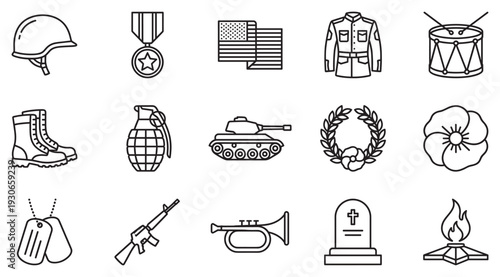 Military remembrance icons set featuring various patriotic symbols of service, honor, and sacrifice in a clean line art style.