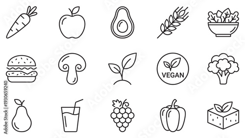 Food and diet line art icons collection representing healthy eating and vegan lifestyle choices in a simple graphic style.