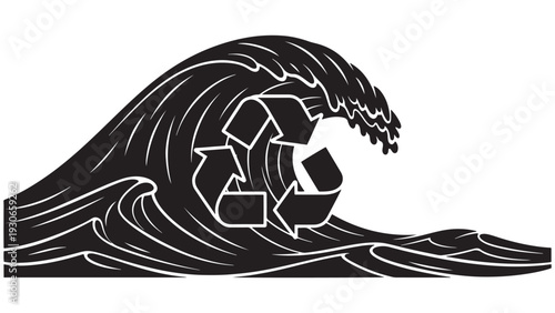 Ocean Wave With Recycling Symbol Inside Crest — Black Solid Vector Emblem Combining Marine Wave And Circular Recycling Mark For Coastal Sustainability Messaging