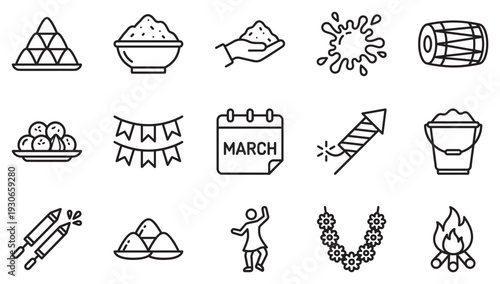 Holi festival icons set featuring traditional elements like colors, sweets, drums, fire, and festive celebration symbols for design projects.