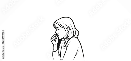 A woman with short hair is depicted in a side profile, coughing into her hand