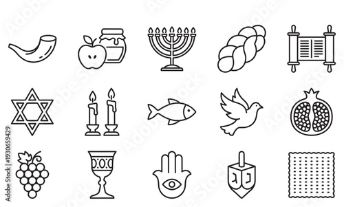 Jewish symbols and traditions are depicted in a comprehensive collection of line art icons representing various cultural and religious elements.