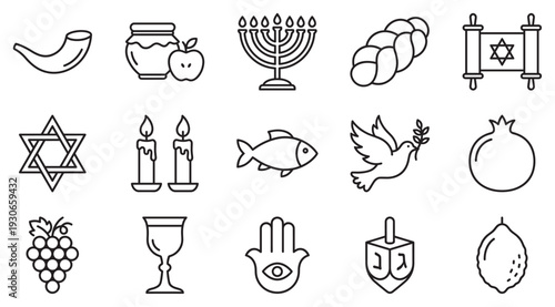 Jewish symbols and traditions collection of line art icons representing various holidays and cultural elements in a simple, modern style.
