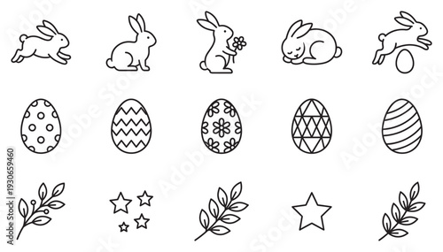 Easter bunnies and eggs outline icons collection featuring various spring holiday symbols, decorative elements, and floral designs for celebration.