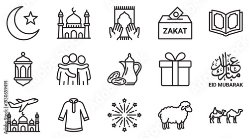 Islamic religious celebration symbols and icons set featuring mosque, crescent, prayer, zakat, and Eid Mubarak elements for various design needs.