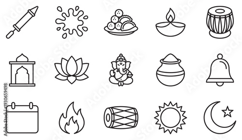 Indian festival and cultural icons collection featuring traditional symbols and religious elements in a simple outline style.