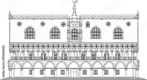 Ornate classical building facade with arches, balconies, windows, and statue atop
