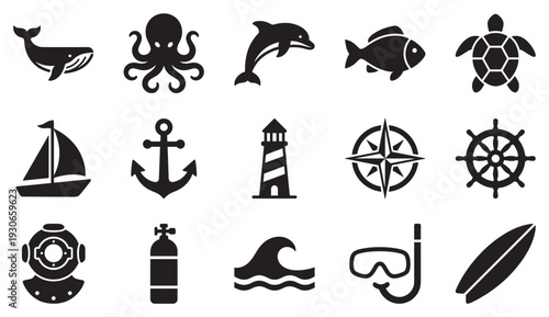Ocean marine nautical water sports icons represent a collection of sea life, sailing, and diving symbols in a simple graphic style.