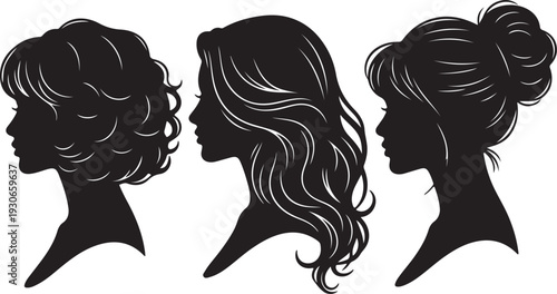 Three stylized silhouettes of women with different hairstyles Vector