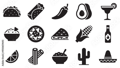 Mexican cuisine and culture symbols collection showcasing popular dishes, ingredients, and festive elements in a simple graphic style.