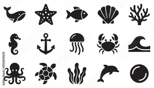 Sea animals and ocean elements icons collection representing marine life and nautical themes in a simple graphic style.