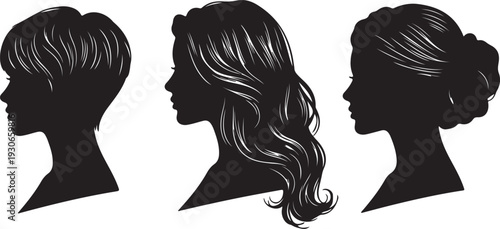 Three black silhouettes of women with different hairstyles facing left