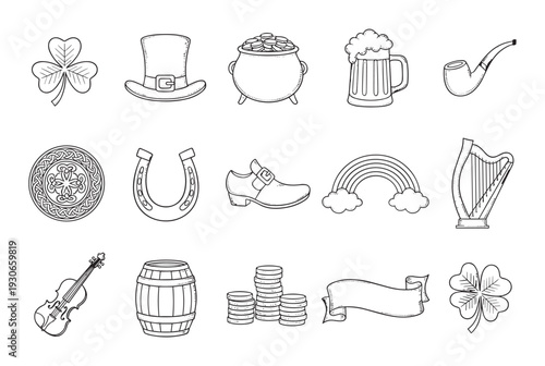 St. Patrick's Day traditional Irish symbols and elements in a charming hand drawn doodle style vector illustration set.