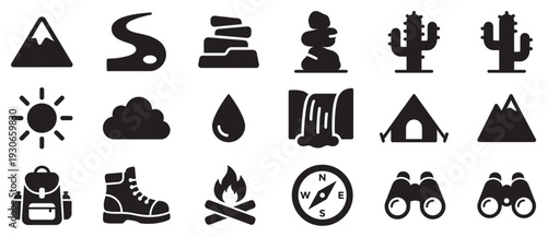 Outdoor and camping icons set featuring various nature and adventure symbols perfect for exploration and travel designs.