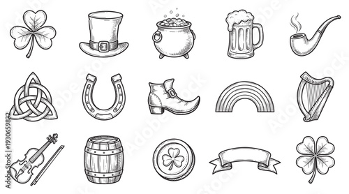 St. Patrick's Day traditional Irish symbols collection featuring shamrock, pot of gold, leprechaun hat, and other festive elements for celebration.